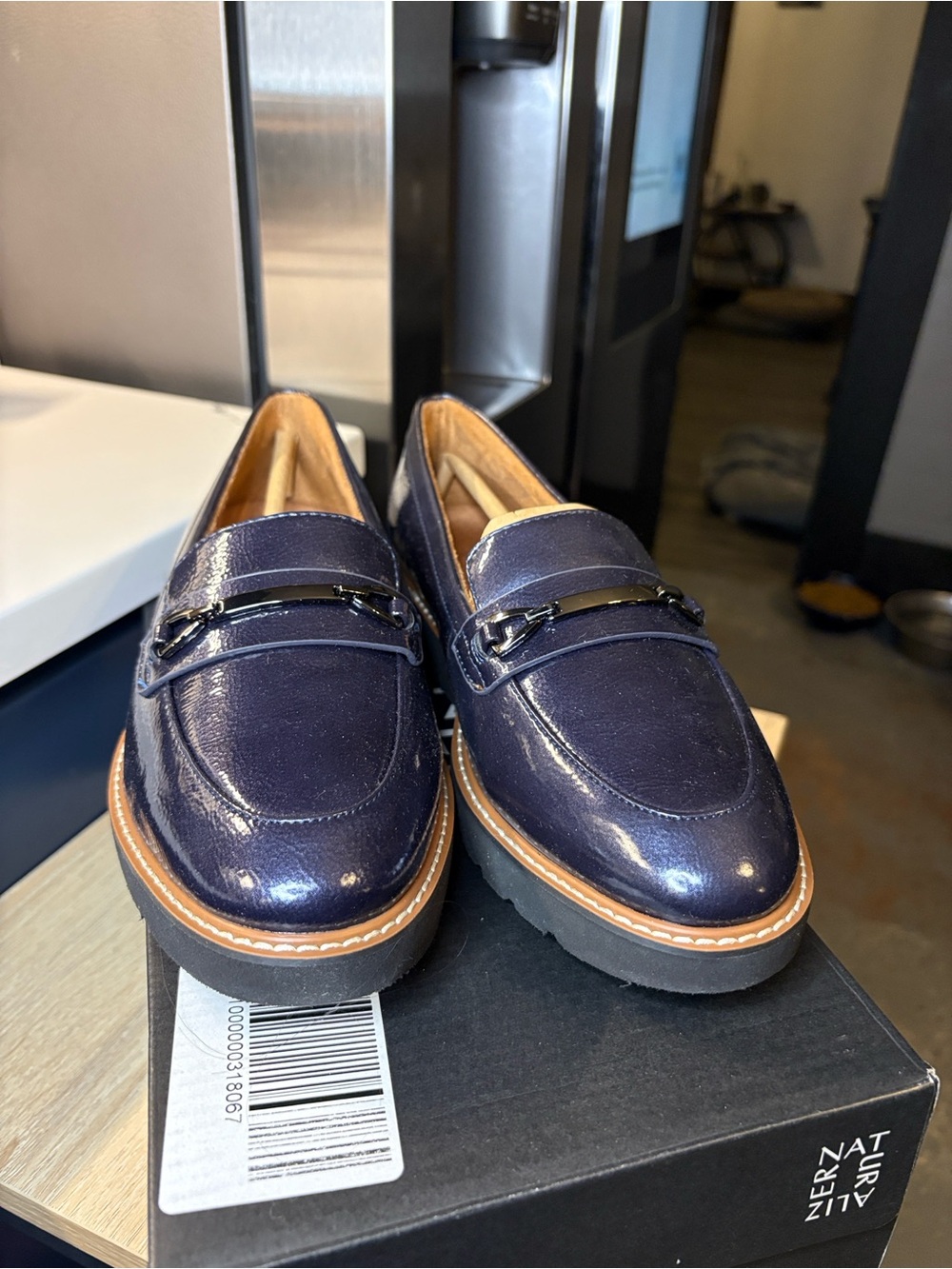 Naturalizer Navy Patent Loafers with Tan Trim and Black Outsole